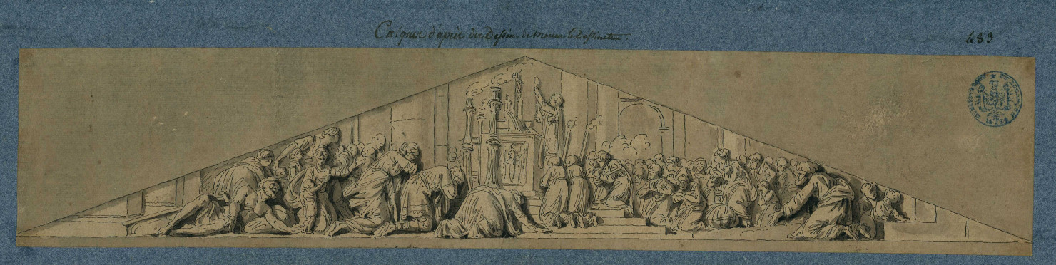 Tympan avec une messe au moment de l'élévation / Calques de Pierre-Adrien Pâris d'après des dessins de Moreau le dessinateur , [S.l.] : [P.-A. Pâris], [1700-1800]