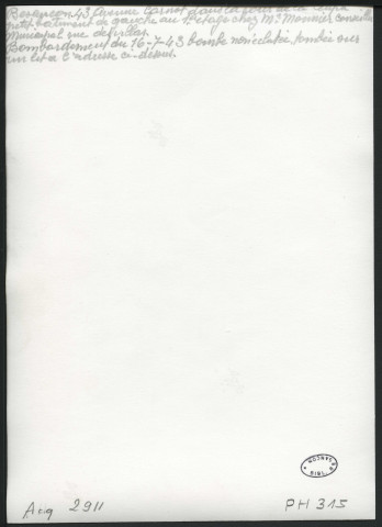 Besançon. Bombe non éclatée tombée sur le lit dans l'appartement du 1er étage au 43 avenue Carnot, chez M, Monnier, conseiller municipal, 16 juillet 1943