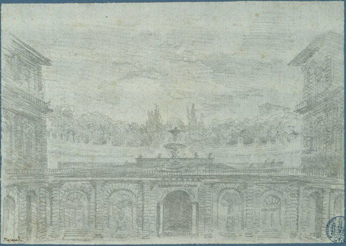 Vue de la cour intérieure et des jardins du palais Pitti à Florence / Jean-Honoré Fragonard , [S.l.] : [H. Robert], [circa 1761]