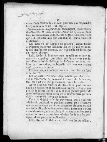 Factum pour Jacques Sapin et Laurence Bey, sa femme... appellans d'un jugement de preuves rendu au bailliage de Besançon le 6 juin 1703 contre les Srs François Varin, avocat en Parlement ; ... et Louis Martin, citoyen, intimés [Sign. : de Surmont ; Perreciot, procureur]