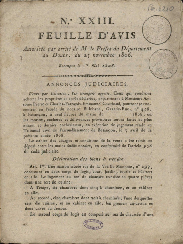 01/05/1808 - Feuille d'avis autorisée par arrêté de M. le Préfet du département du Doubs