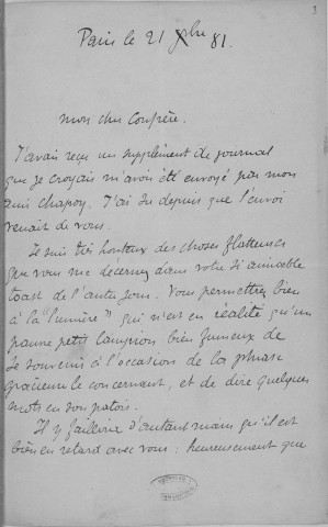 Ms 1865 - Tome VI. Lettres adressées à Auguste Castan (1833-1892)