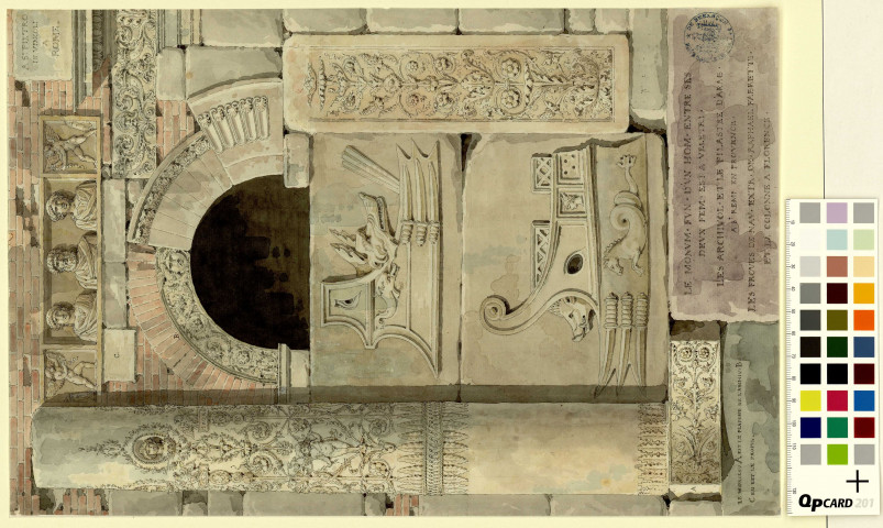 Détails divers : monument funéraire d'un homme entre ses deux femmes à Velletri ; archivoltes et pilastre d'arabesques à Saint-Rémy-de-Provence ; proues de navires extraites de Raphaël Fabretti ; colonne de Florence ; chapiteau et entablement de Saint-Pierre-aux-Liens à Rome / Pierre-Adrien Pâris , [S.l.] : [P.-A. Pâris], [1700 - 1800]
