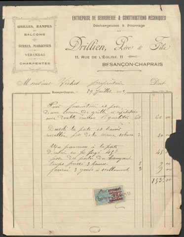 Ms Z 783 - Factures reçues par le pépiniériste Paul Vichet, quartier des Chaprais, Besançon. 1923-1937