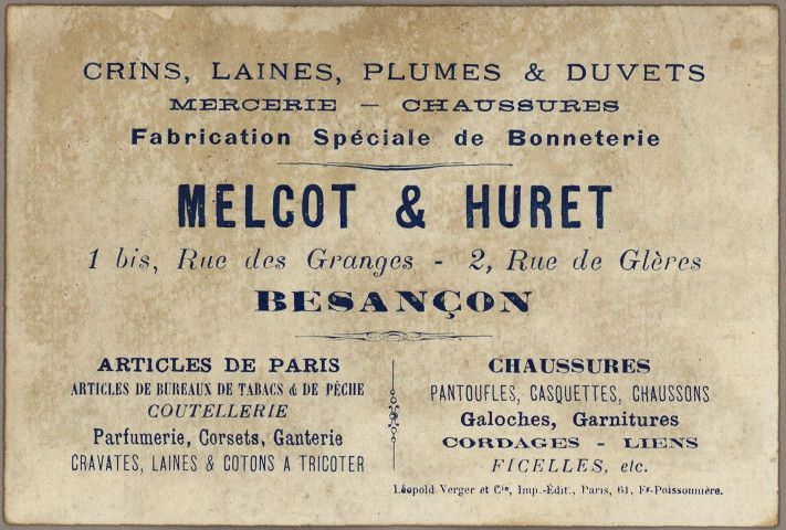 Avis de passage publicitaires de Melcot & Huret, Mercerie, Chaussures, fabrication spéciale de bonneterie, 1bis rue des Granges - 2 rue de Glères au verso, comprenant différentes images de l'exposition universelle de Paris 1900 au recto (10 cartes) : - Pavillon des Etats-Unis.
- Palais de l'électricité.
- Pavillon de la Hongrie.
- Pavillon de l'Espagne.
- Palais du mobilier et des industries diverses.
- Fêtes vénitiennes sur la Seine.
- Pavillon de la Finlande.
- Trottoir roulant.
- Pavillon de la Grèce.
- Pavillon de l'Allemagne.
