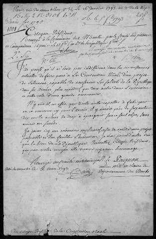 Ms Z 789 - Nicolas-François Rougnon. Lettre et rapport à la Convention nationale, 1793