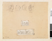 Feuille de croquis : Trois têtes, une silhouette et trois dessins rapportés (recto) ; Deux visages d'homme de profil (verso)