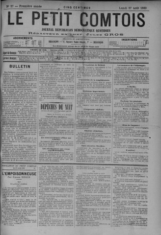 27/08/1883 - Le petit comtois [Texte imprimé] : journal républicain démocratique quotidien