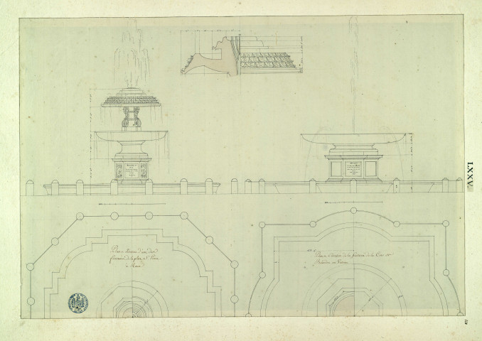 Plans et élévations d'une des fontaines de la place Saint-Pierre à Rome et de la fontaine de la cour du belvédère au Vatican / Pierre-Adrien Pâris , [S.l.] : [P.-A. Pâris], [1700-1800]