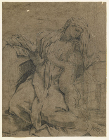 Femme drapée, assise au pied d'un lit et pleurant, avec un jeune enfant nu