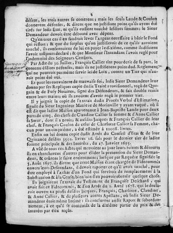 Factum pour messire Jean-Claude Franchet, seigneur de Cendrey, conseiller au parlement, demandeur, contre Jacques et François Caillier, Jean-Baptiste Laude et François Coulon de Besançon, défendeurs,... [Signé : J. B. Renard, A. Antoine, Ph. Brun, Masson Colonne, C. N. Chifflet]