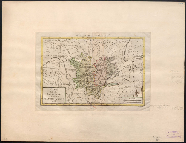 Carte de la Bourgogne et de la Franche-Comté gravée par Vallet. 25 lieues communes de France à 25 au degré = 20 lieues marines de Franche à 20 au degré. [Document cartographique] , 1763