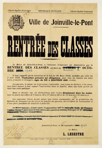 Rentrée des classes le vendredi 2 octobre 1942, affiche
