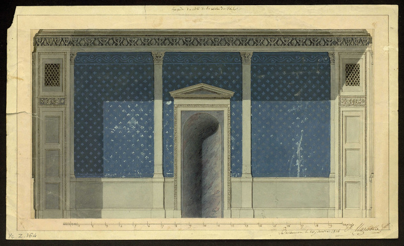 Elévation d'un mur avec papier peint bleu. Besançon