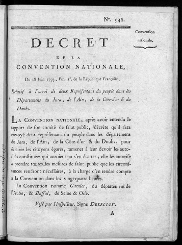Décret de la Convention nationale, du 18 juin 1793... relatif à l'envoi de deux représentants du peuple dans les départements du Jura, de l'Ain, de la Côte d'Or, du Doubs