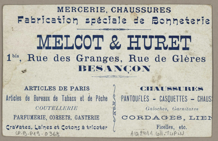[Carte publicitaire - Melcot & Huret - Mercerie, chaussures] [image fixe] Cie Amérian, 1904/1930