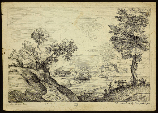 [Paysage avec lac] [image fixe] / An. Carache delin. J B. Corneille Sculp. Cum privil Regis , 1669/1695