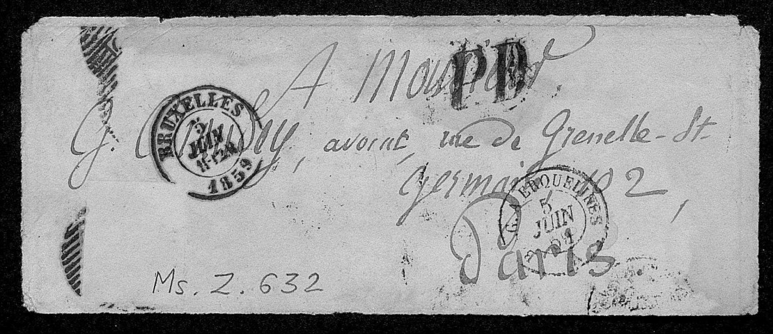 Ms Z 632 - Pierre-Joseph Proudhon. Lettre à Gustave Chaudey. Bruxelles, 5 juin 1859.