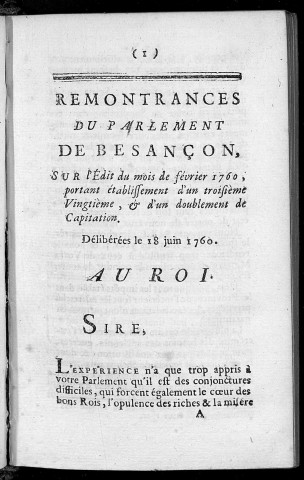 Remontrances du Parlement de Besançon du 18 juin 1760