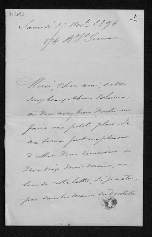 Ms 2089 - Lettres d'Edouard Grenier à Frédéric Bataille, 17 novembre 1894 -5 septembre 1900.