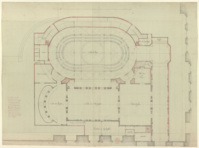 Versailles [Dessin] : Bals : Plan-projet de la salle de bal de la Reine à Versailles, et de ses dépendances , 1750/1799