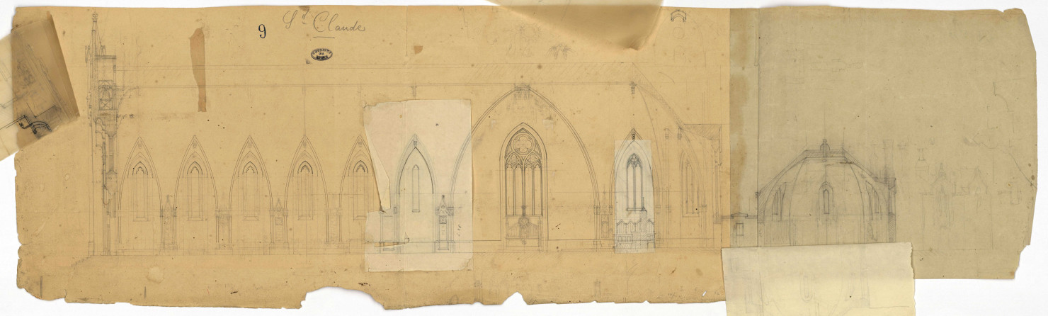Eglise Saint-Claude, projet de construction, détails des façades latérales : plan et croquis (brouillon, s.d.. , porte le n°9).