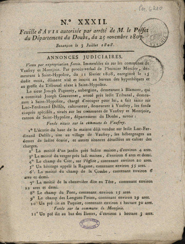 03/07/1808 - Feuille d'avis autorisée par arrêté de M. le Préfet du département du Doubs