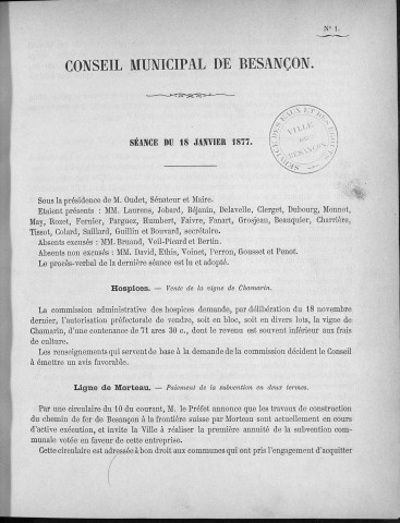 Registre des délibérations du Conseil municipal pour l'année 1877 (imprimé)