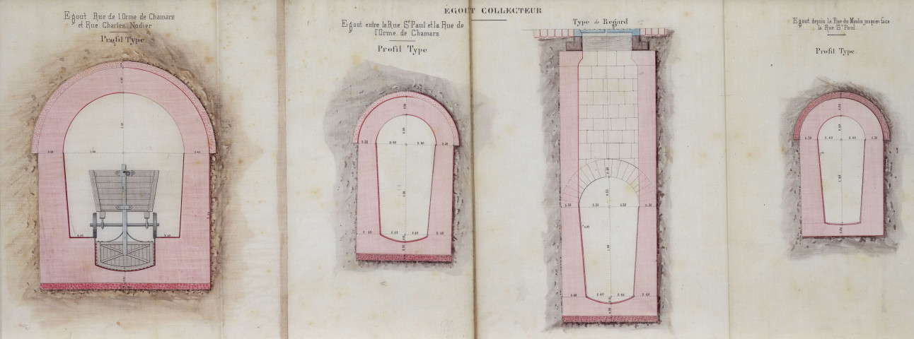 Égouts collecteurs. - Quartier nord, projet de construction : rapports, détails estimatifs, bordereaux de prix, avant-métrés, cahiers des charges, plans, schémas de wagon-vanne de curage, notes, correspondance (1885-1886). Quartier sud, projet de construction : rapports, cahiers des charges, brochure, plans, notes (1885-1887, 1890) ; réalisation de la section comprise entre la porte Rivotte et le pont Battant : dossiers de marchés, études, plans (1871-1900) ; prolongement entre la Préfecture et la rue Pasteur : délibération du conseil municipal, dossier de marché (1938).
A noter : plans de Besançon entre 1880 et 1890.