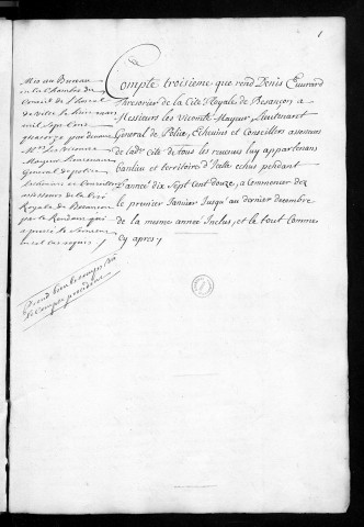 Comptes de la Ville de Besançon, recettes et dépenses, Compte de Denis Euvrard (1712)