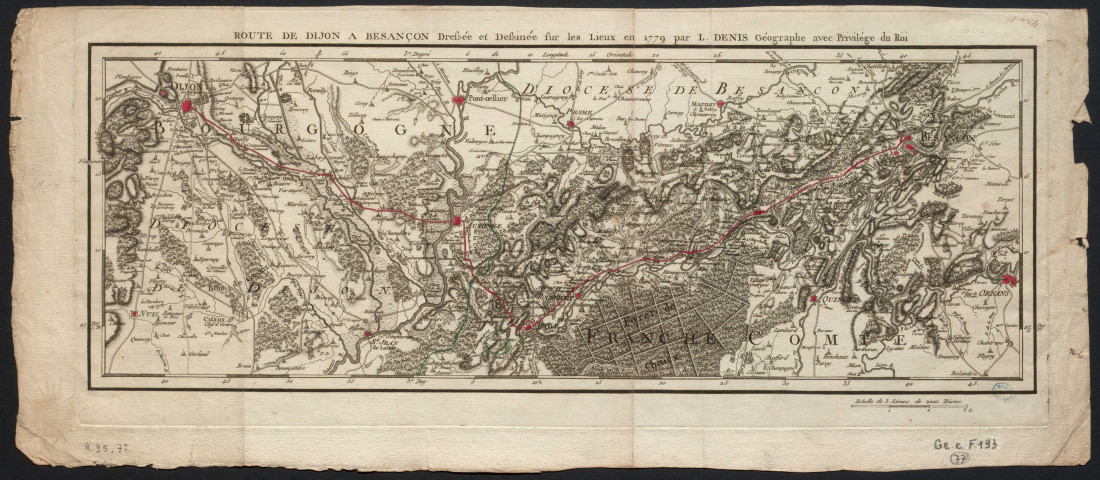 Route de Dijon à Besançon. Dressée et dessinée sur les lieux en 1779 par L. Denis, géographe, ... 3 lieues de 2000 toises. [Document cartographique] , 1778