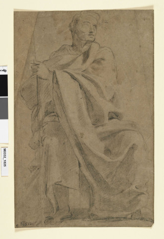 Personnage assis tenant un bâton de sa main gauche