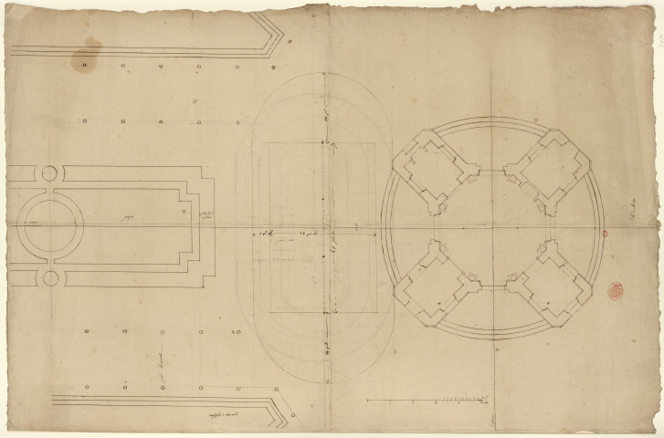Versailles [Dessin] : projets pour la reconstruction du château : n° 19. Plans et coupes du Pavillon du jardin du Trianon, relatifs à la tente du bal , 1750/1799