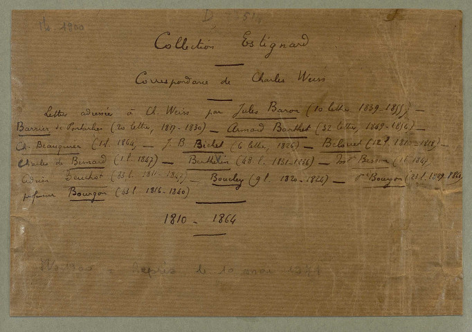 Ms 1900 - Correspondance de Charles Weiss (tome XIII) : de Baron à Bourgon