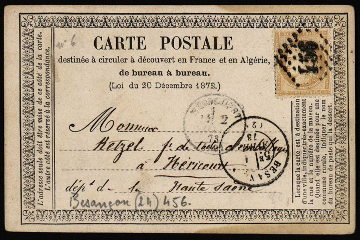 [Carte postale précurseur sans illustration] [image fixe] , Circa 1873