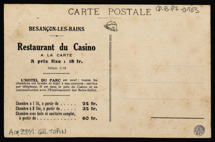 Besançon. - Hôtel du Parc, dans le parc du Casino. Dernier confort - Téléph. 6-21 [image fixe] , Besançon : Photo Mauvillier, 1904/1930