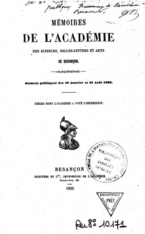 01/01/1863 - Mémoires de l'Académie des sciences, belles-lettres et arts de Besançon [Texte imprimé]