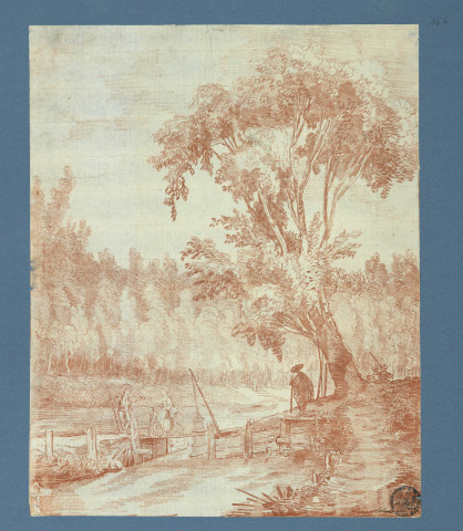 Couple de pêcheurs et promeneurs au bord d'une rivière , [France : Paris], [vers 1770]