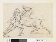 Deux palefreniers retenant un cheval par les naseaux