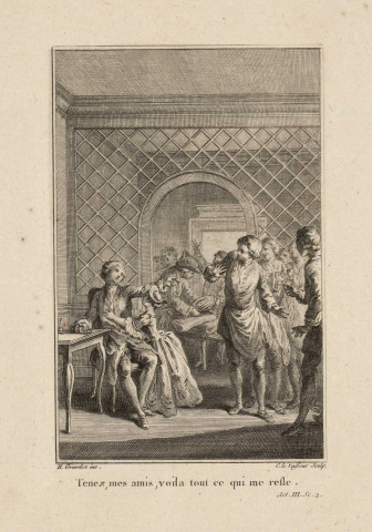 [Gravure pour l'acte III scène 12 du "Fabricant de Londres" de Fenouillot de Falbaire] [estampe] / H. Gravelot inv. C. le Vasseur sculp. , [Paris : s.n., circa 1780]