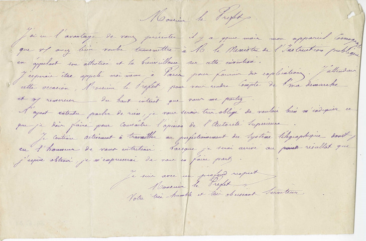 1954.6.31 - Lettre de Joseph Lanfrey adressée à Monsieur le Préfet du Jura concernant un appareil cosmographique