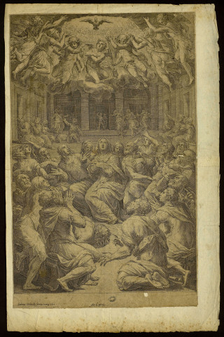 [La Pentecôte] [image fixe] / Corneli ort fe. 1574  ; Ioannes Orlandij formis Romae 1602 ; Ant Lafrerÿ , Rome : Antoine Lafrery (éditeur) ; Giovanni Orlandi (imprimeur), 1602