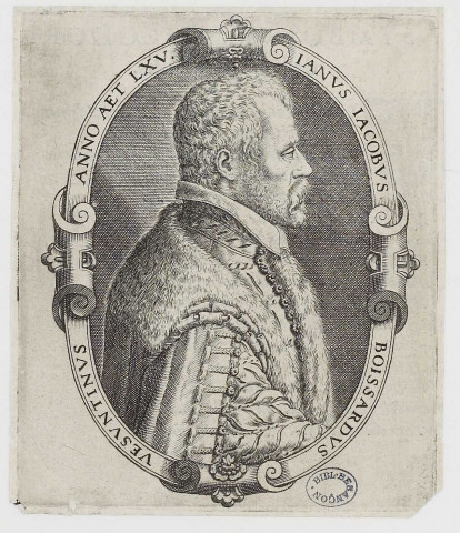[Buste, profil à droite, en médaillon ovale de Jean-Jacques Boissard] : Ianus Jacobus Boissardus Vesuntinus, anno aet. LXV [image fixe]  : , 1565