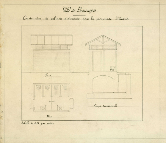 Kiosque, construction de cabinets d'aisances : plans et coupes transversale (s.d.).