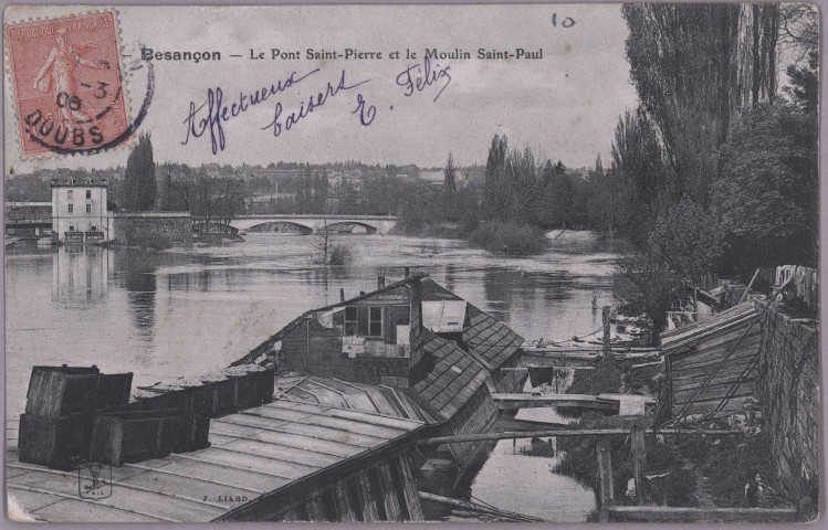 Besançon - Le Pont de la République - Moulin Saint-Paul et Barques Lavandières [image fixe] , Besançon : Raffin, éditeur, 1909/1915
