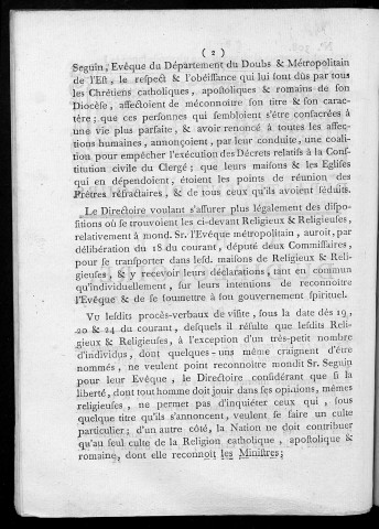 Département du Doubs. Arrêté du Directoire, concernant les Eglises des religieux et religieuses de Besançon.