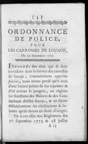 Ordonnance de police pour les carrosses de louage, du 20 décembre 1786