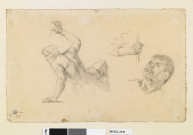 Études pour "Héliodore chassé du temple" : homme nu assis vu de dos, bras et main tenant un bâton, tête d'homme