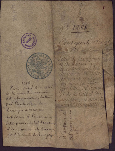 Monnaie des archevêques de Besançon - Procès-verbal adressé à la commune de Besançon par le Comte Jean de Bourgogne d'un essai de la nouvelle monnaie dite estevenante, frappée par l'archevêque de Besançon (novembre 1258). - Actions intentées aux archevêques de Besançon par les comtes de Bourgogne, les sires de Châlon et la commune pour interdire la frappe de monnaie faite dans le château de Gy, au préjudice des privilèges de Besançon (1381-1388) - Confirmation par l'Empereur Sigismond du droit de l'archevêque de battre monnaie (1423)