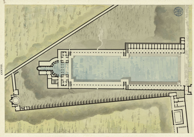 Maison de plaisance de l'empereur Adrien de Tivoli : canope (lieu où étaient rassemblées des divinités égyptiennes). Plan, reconstitution d'après ce qui existe / Pierre-Adrien Pâris , [S.l.] : [P.-A. Pâris], [1700-1800]